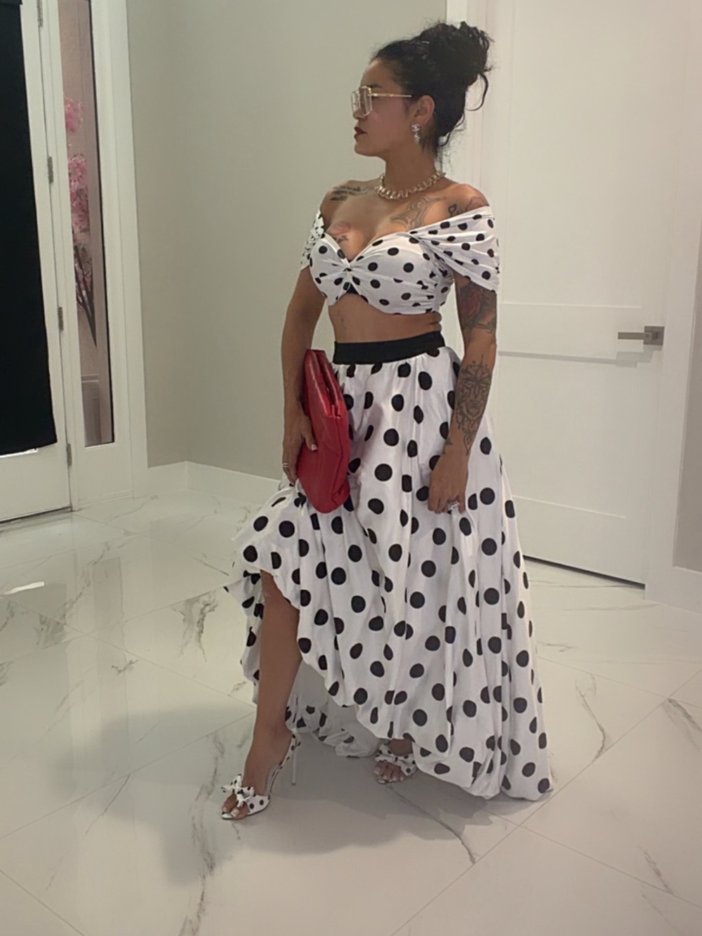 SHEIN White and Black Polka Dot Off-Shoulder Twist Crop Top